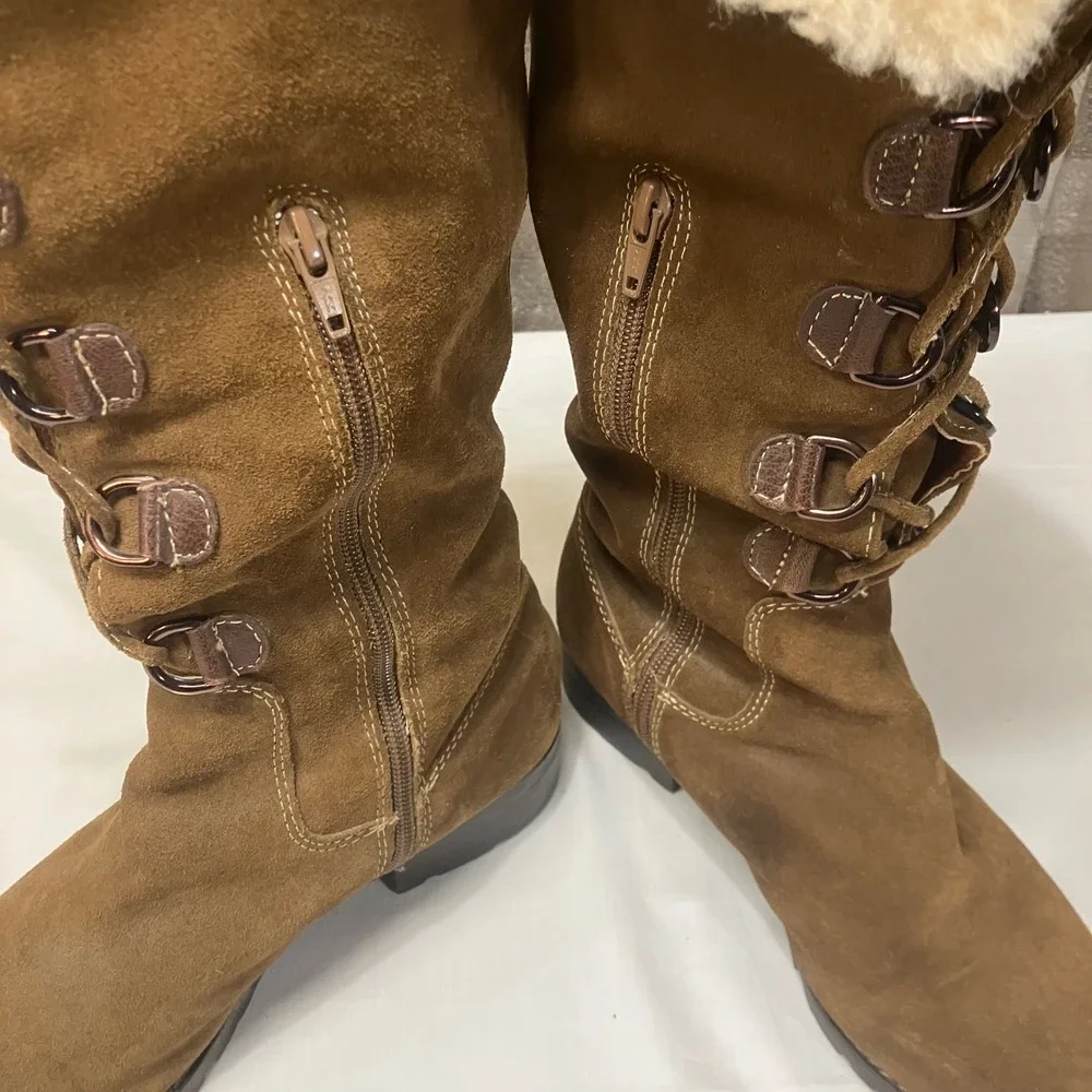 Sofft Barbourne Brown Suede Faux Fur Trim Tall Winter Boots Lace Up Womens 7.5